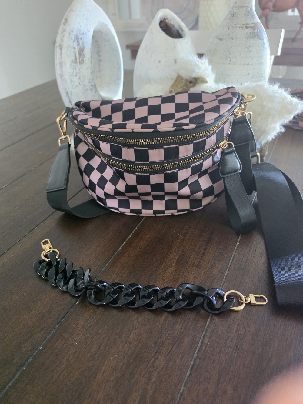 Cream and Black Checkerboard Crossbody Bag with Gold Hardware